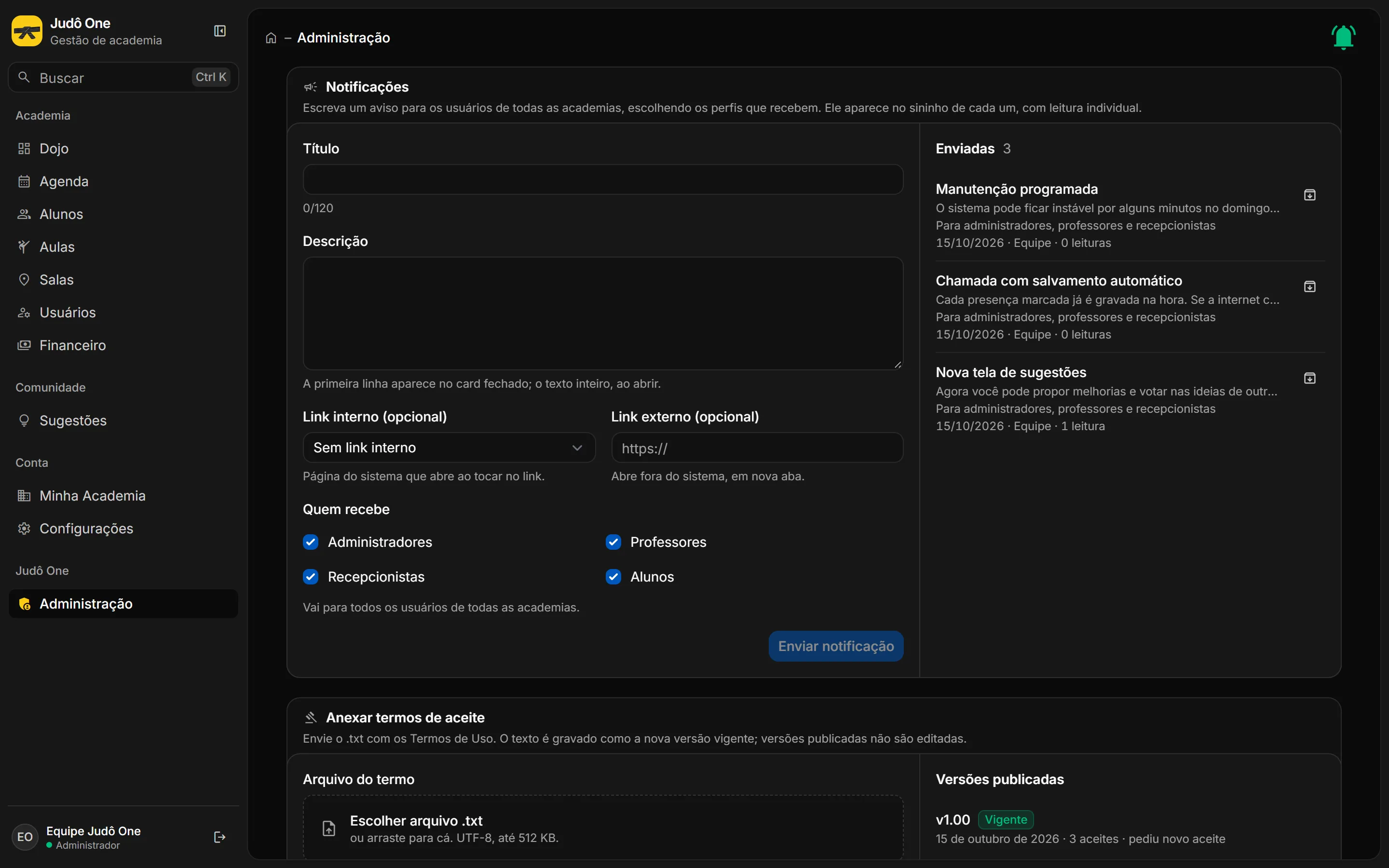 Quadro Notificações com título, descrição, links, quem recebe e a lista de enviadas com contagem de leituras.