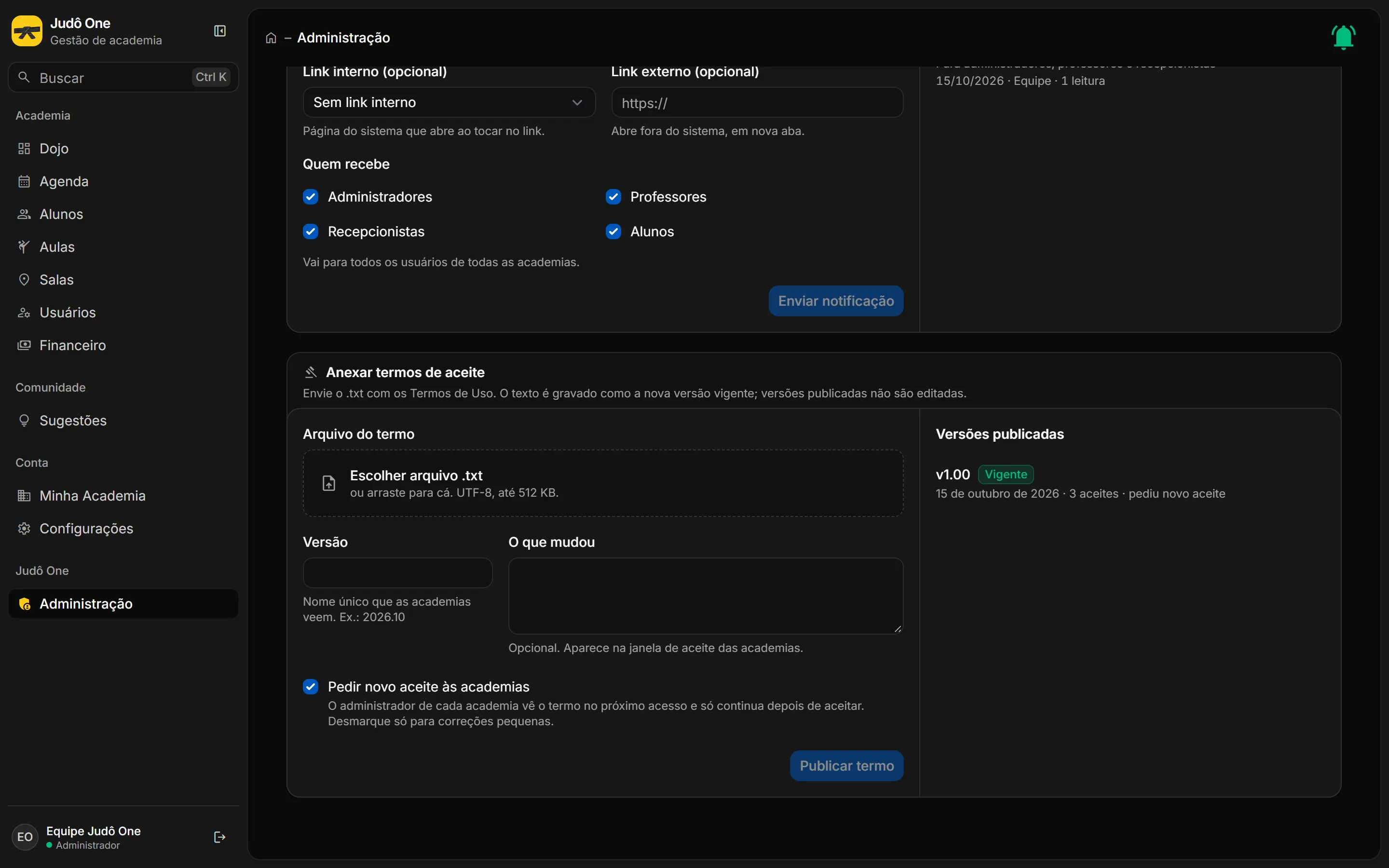 Quadro Anexar termos de aceite com o envio do arquivo e a lista de versões publicadas com o selo Vigente.