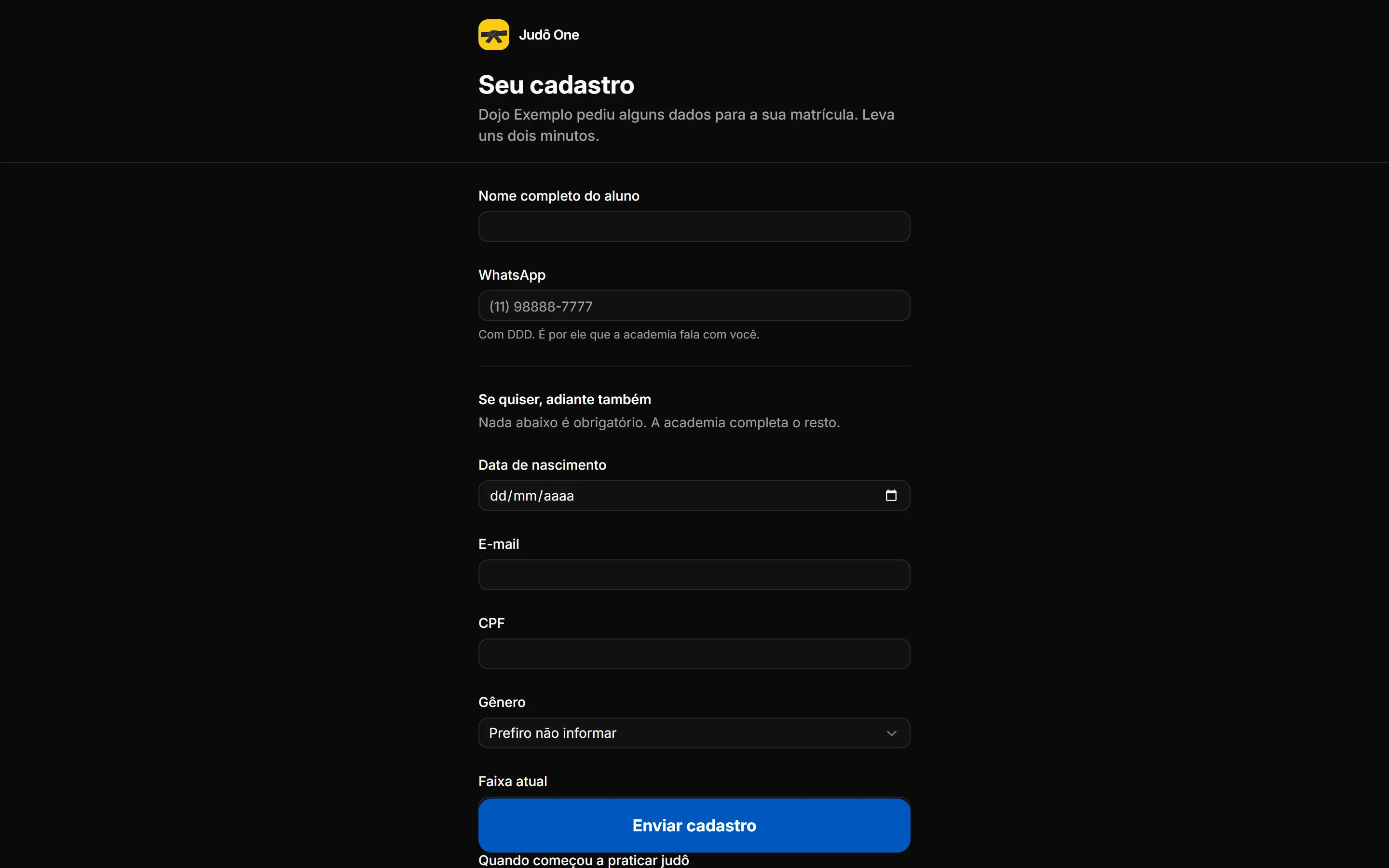 Formulário Seu cadastro com nome completo e WhatsApp e os campos opcionais, com o botão Enviar cadastro fixo no rodapé.