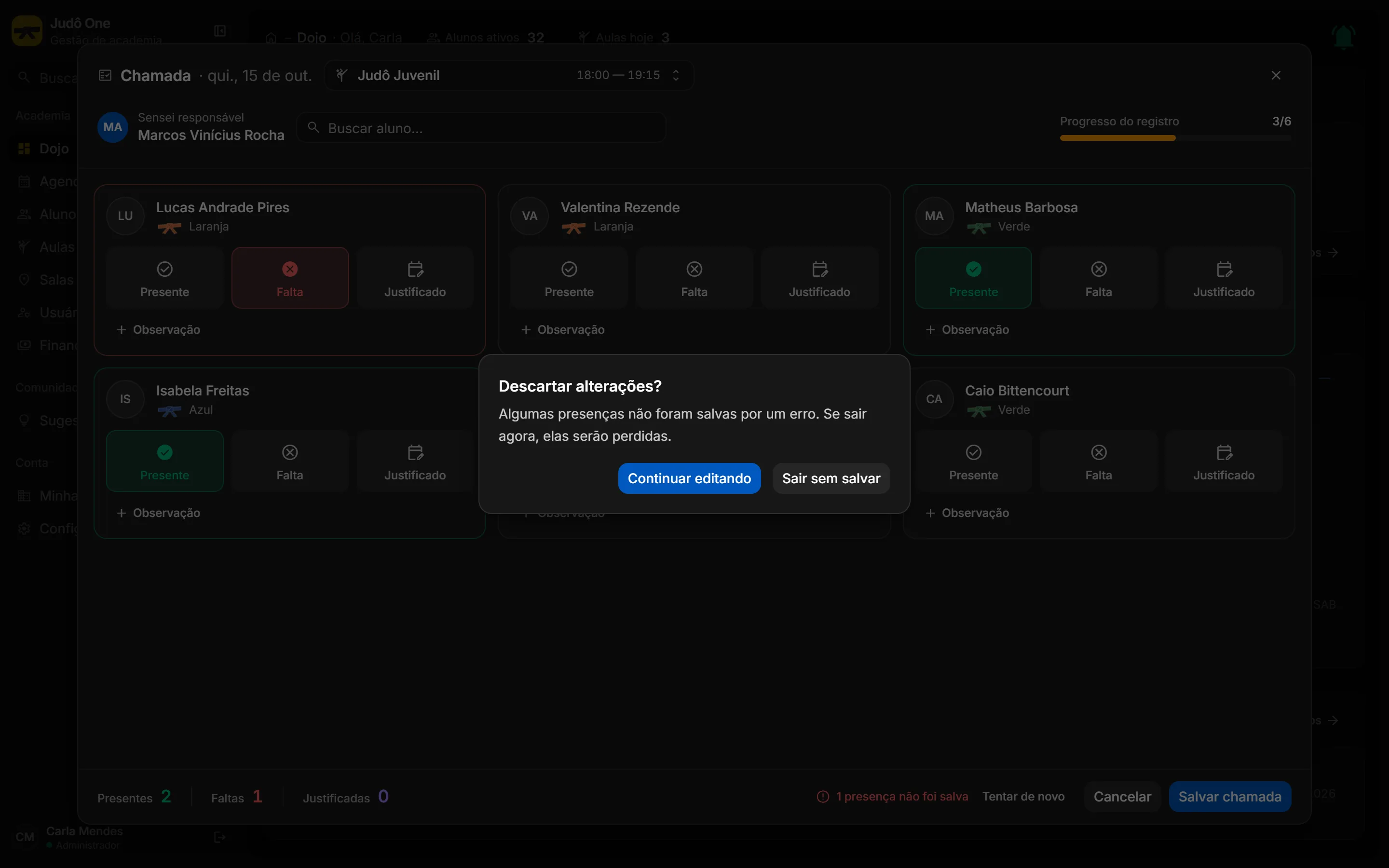 Confirmação Descartar alterações, com os botões Sair sem salvar e Continuar editando.