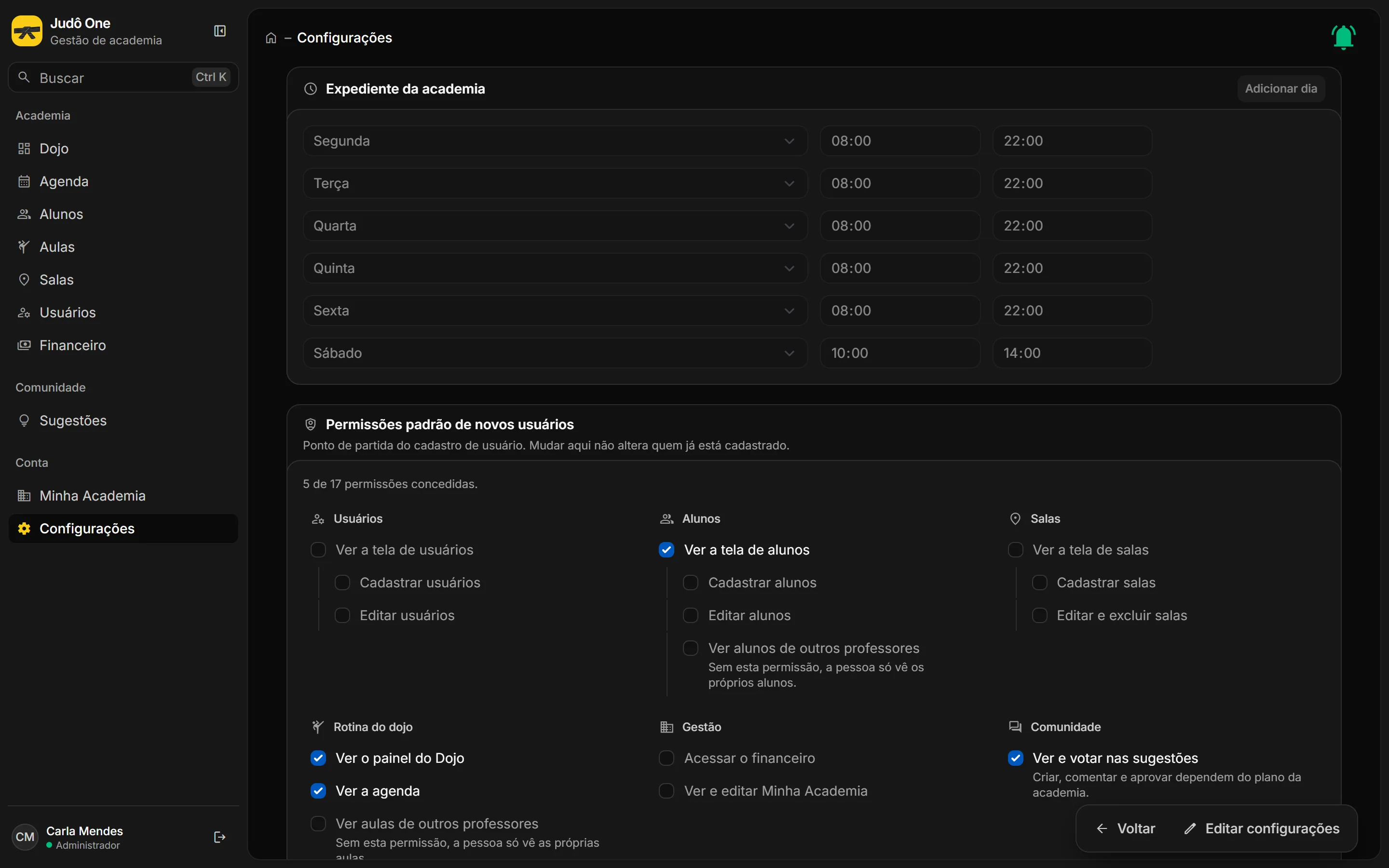 Configurações com o expediente da academia: dias da semana e horários de abertura e fechamento.