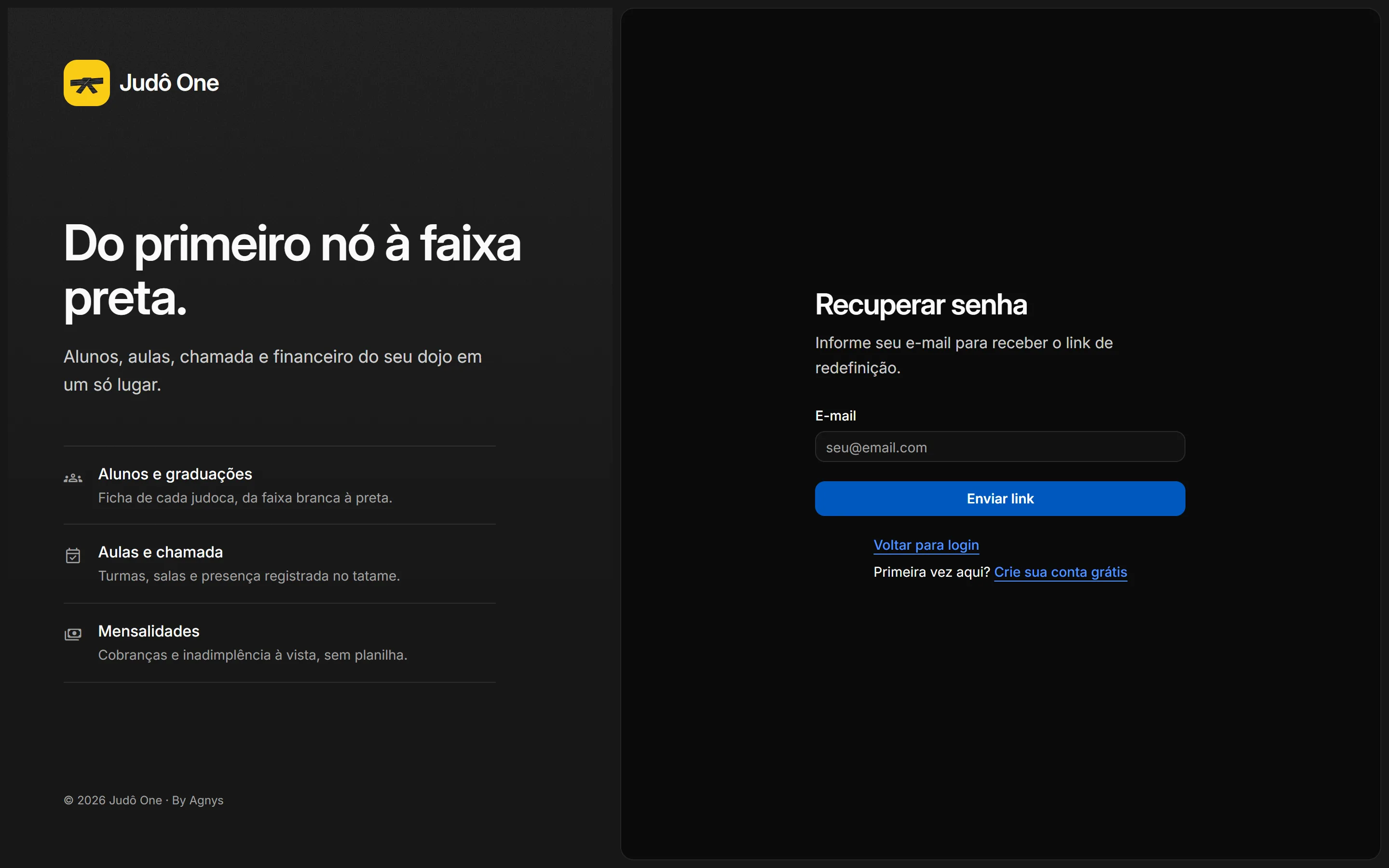 Tela Recuperar senha com o campo de e-mail e o botão Enviar link.