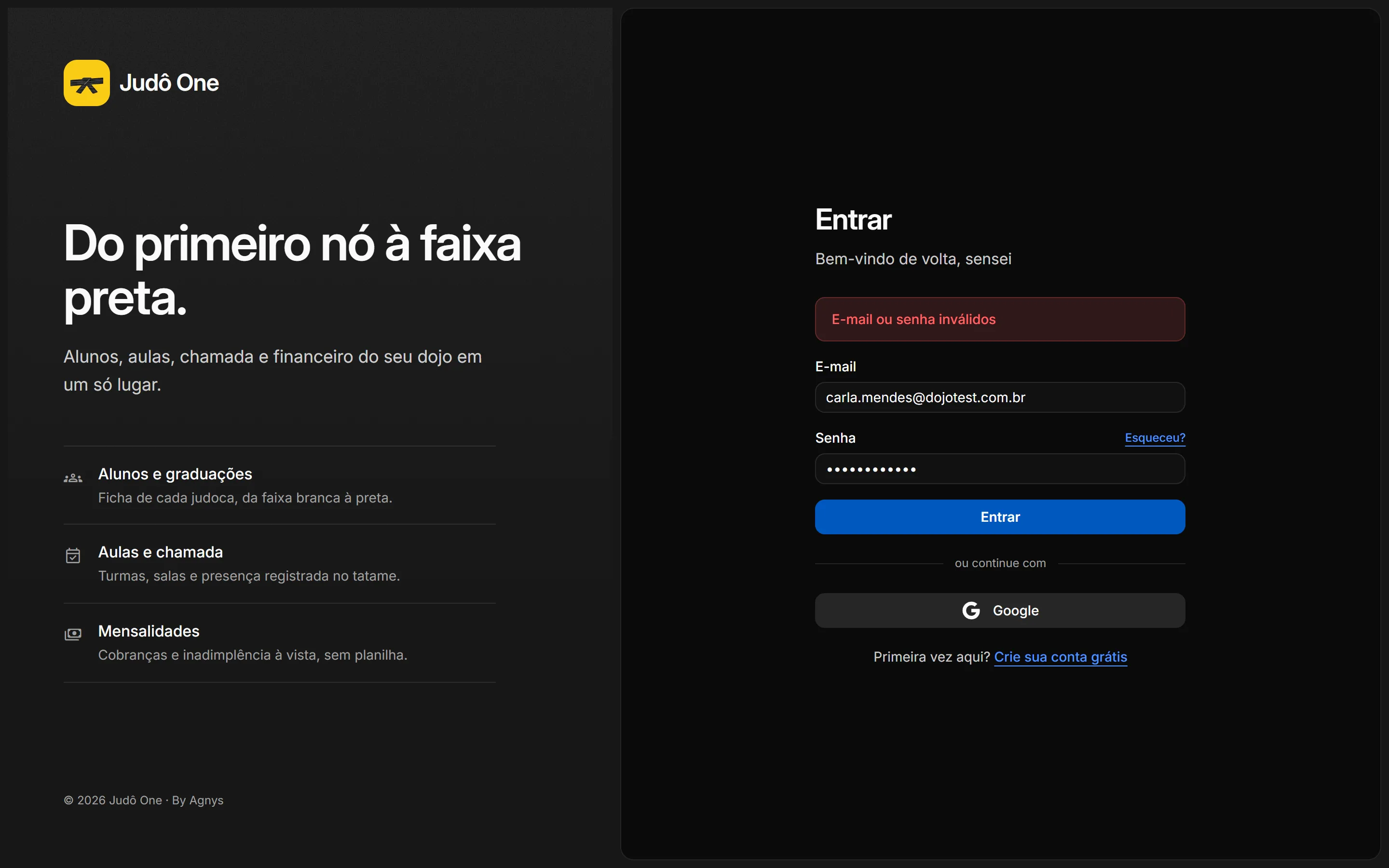 Tela Entrar mostrando a mensagem de erro de login.
