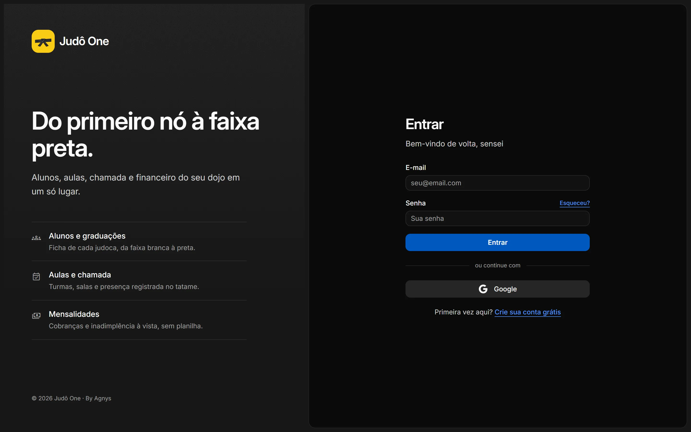 Tela Entrar com e-mail, senha, o link Esqueceu?, o botão Entrar e a opção Google.