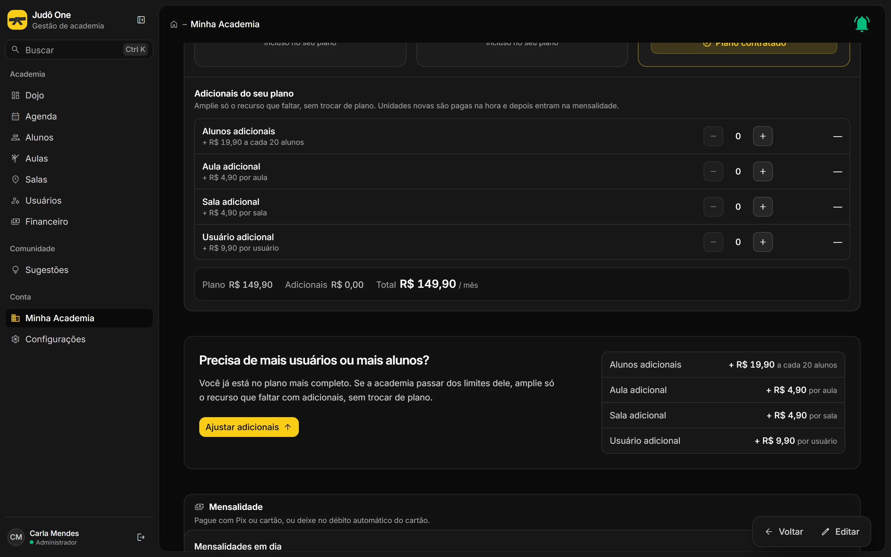 Editor de adicionais com os contadores de alunos, aulas, salas e usuários adicionais e o valor de cada um.
