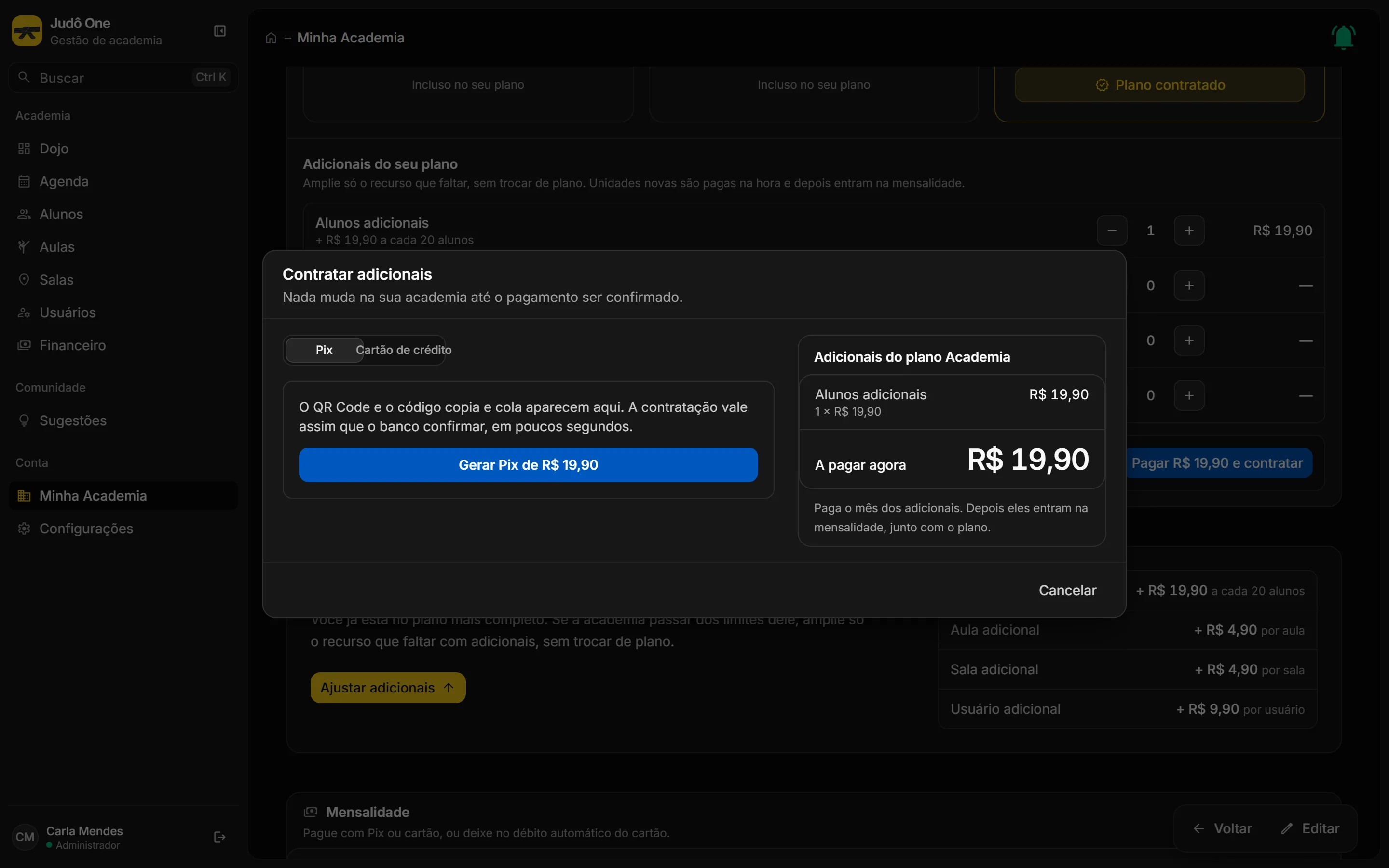 Janela de contratação com Pix ou cartão de crédito e o resumo do valor a pagar.