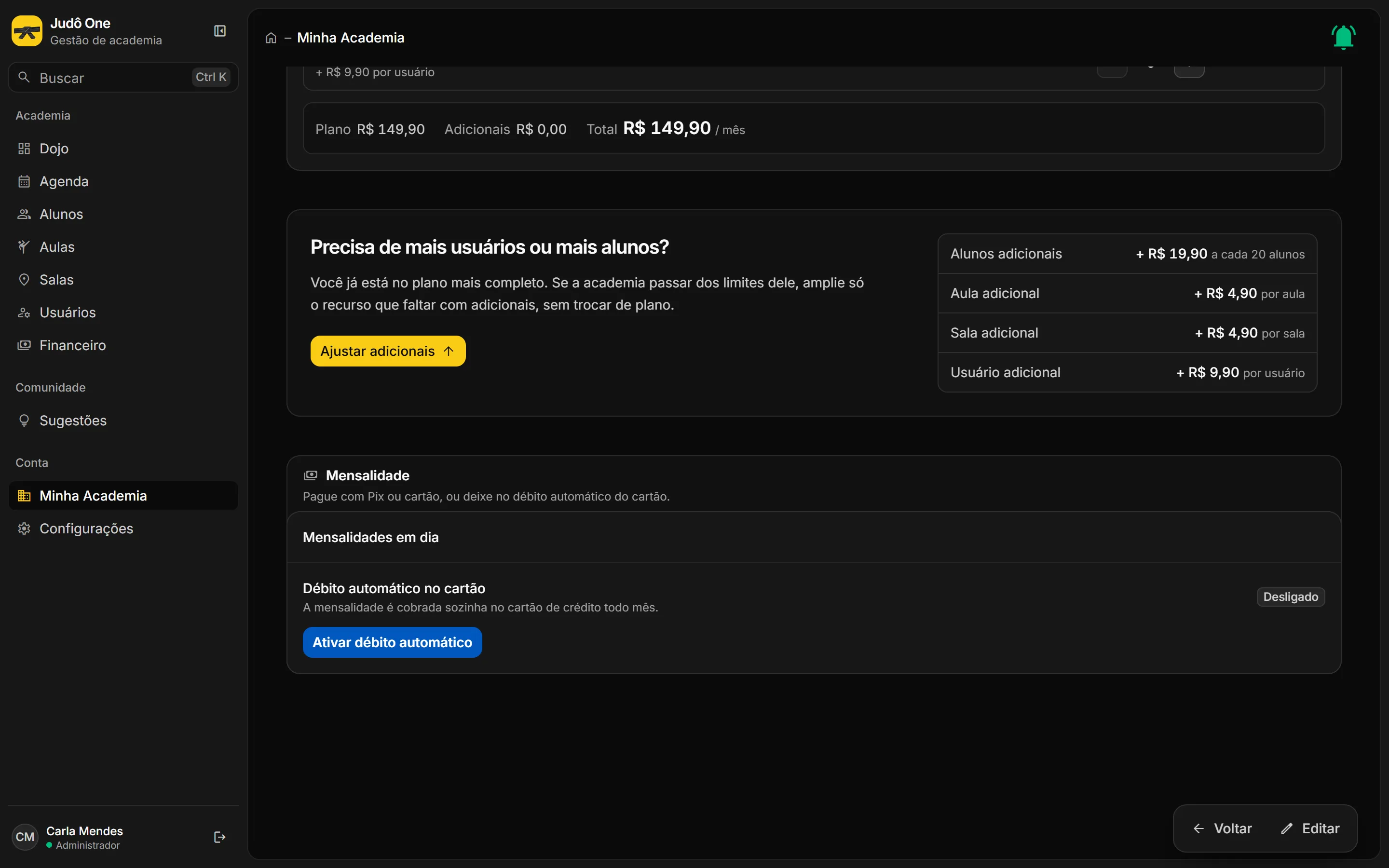 Bloco Mensalidade com a situação das mensalidades, débito automático e histórico de pagamentos.