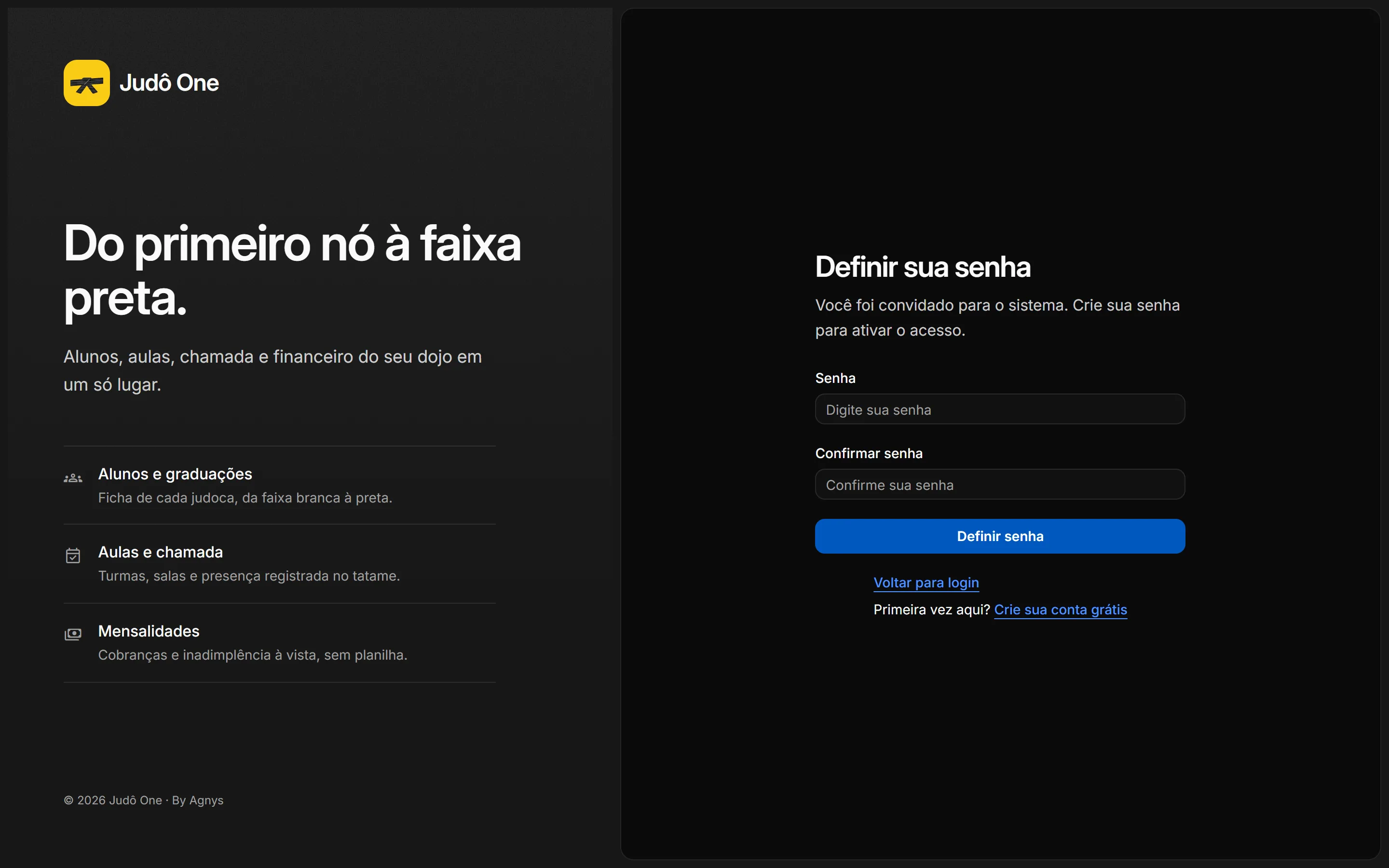 Tela Definir sua senha com os campos de senha e confirmação.