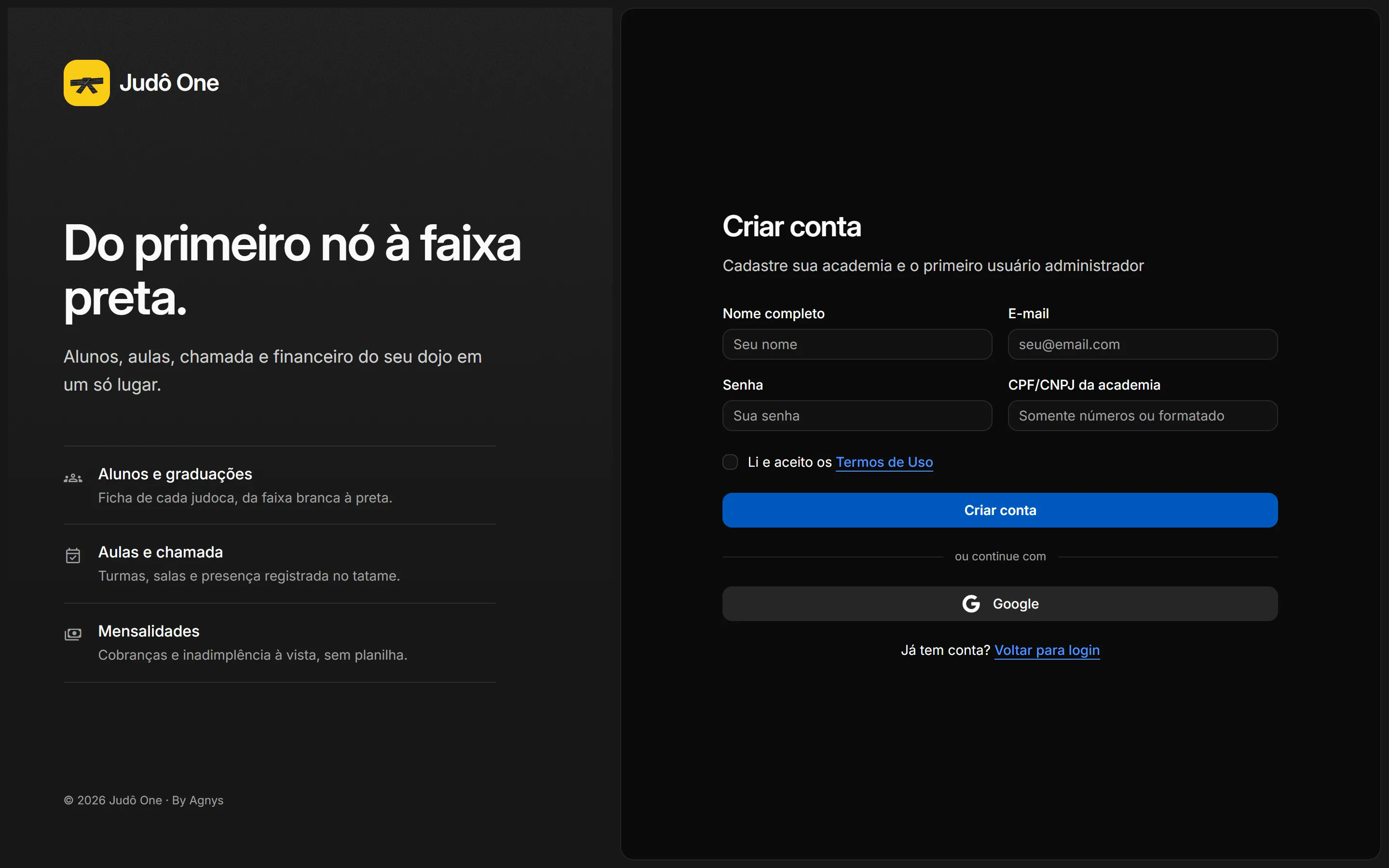 Tela Criar conta com nome completo, e-mail, senha, CPF ou CNPJ da academia e o aceite dos Termos de Uso.