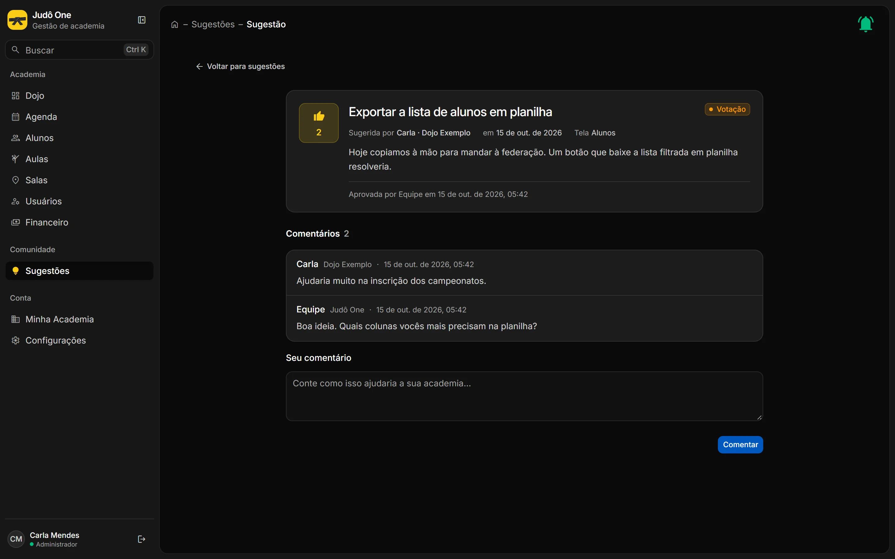 Detalhe de uma sugestão em votação, com descrição, quem sugeriu, botão de voto e comentários.