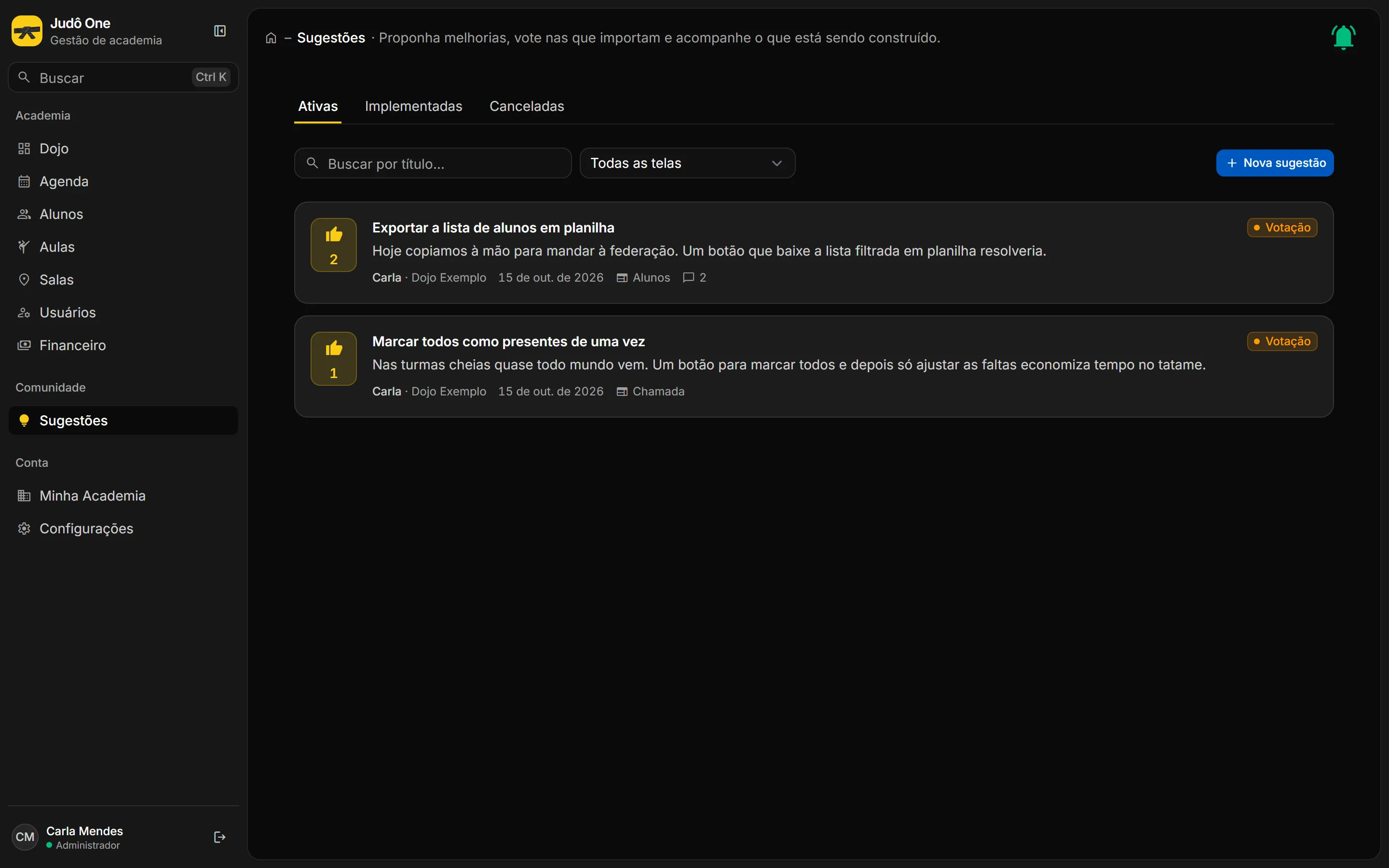 Lista de sugestões com abas, busca por título, filtro por tela e o botão de voto em cada uma.