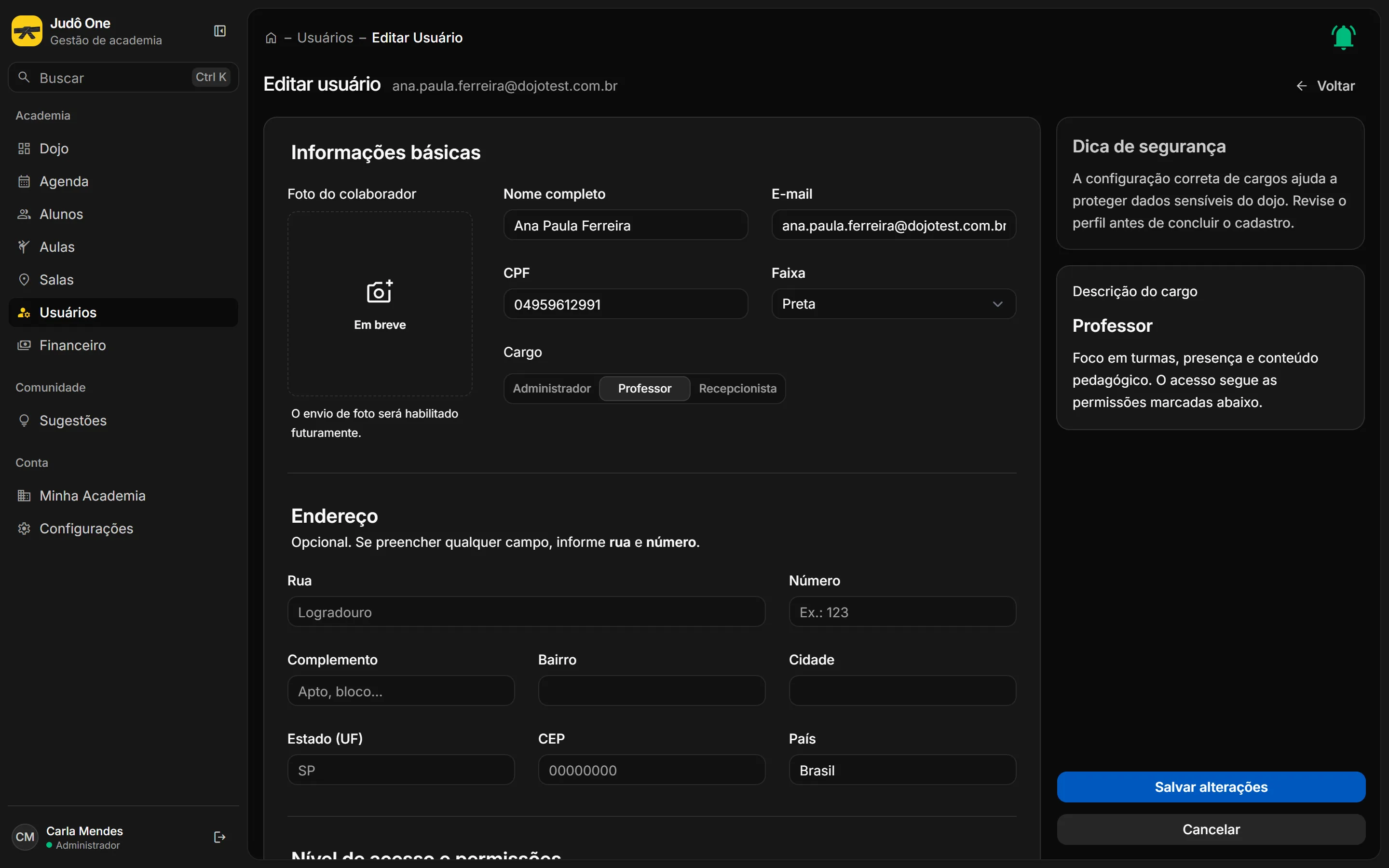 Tela Editar usuário com os dados básicos, endereço e permissões editáveis.
